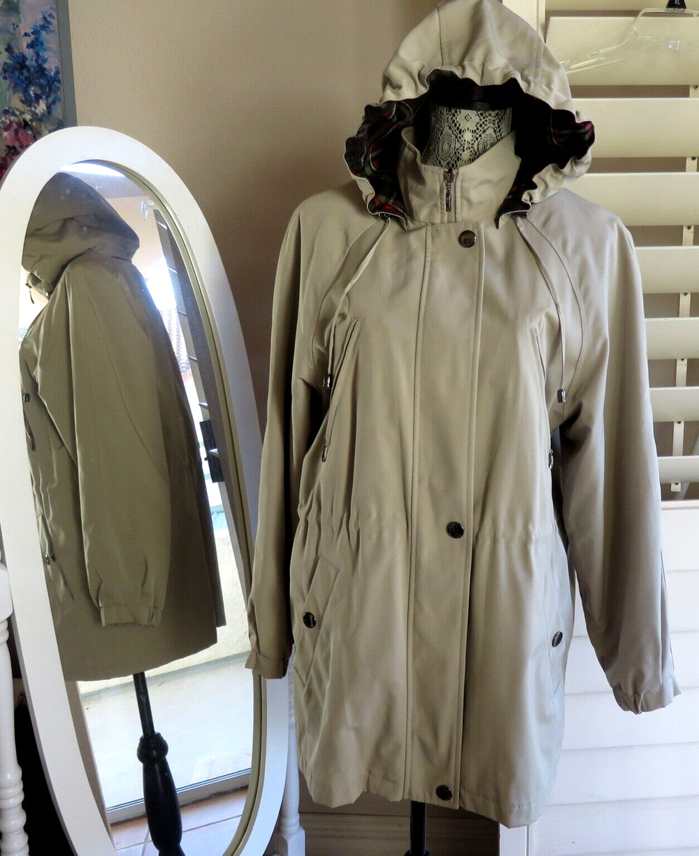 Nautica M Beige Rain Wind Jacket Coat Hooded Checkered Detachable Lining Women